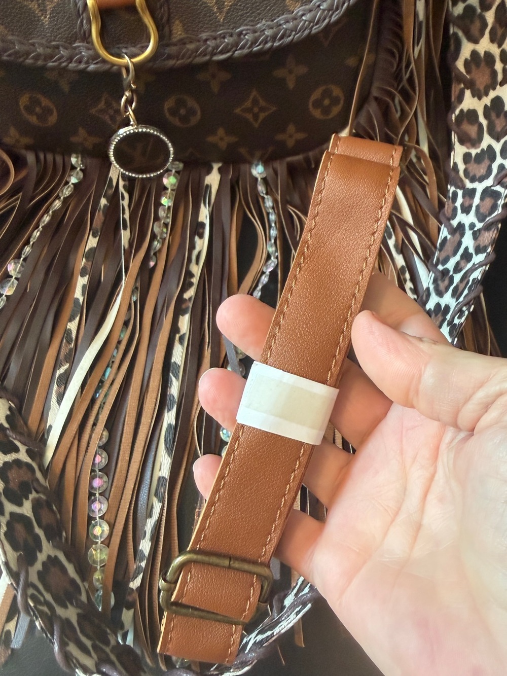 Brown Fringe Crossbody Bag with Animal Print Strap - Picture 5 of 7